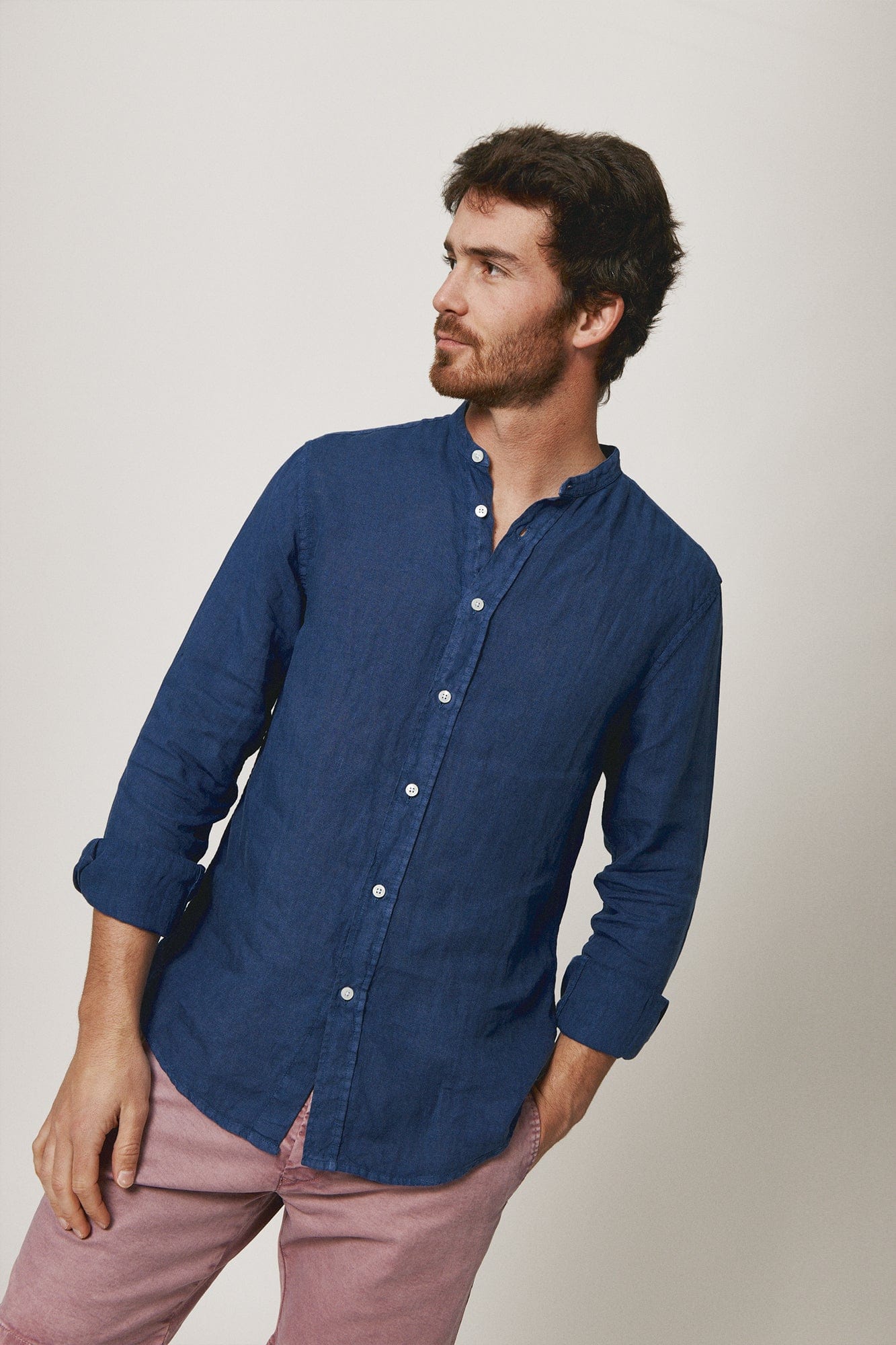 The Lino Camisa Cuello Mao Azul-4